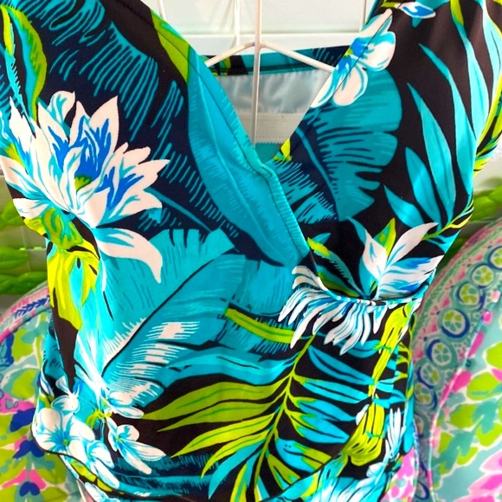 Jamaica Bay blue & green Hawaiian tropical swim top with ruffles